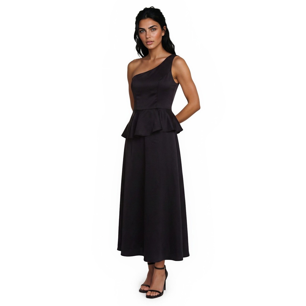 Mori Lee One Shoulder Peplum Maxi Dress Women's Size 8 Black Formal Evening Gown